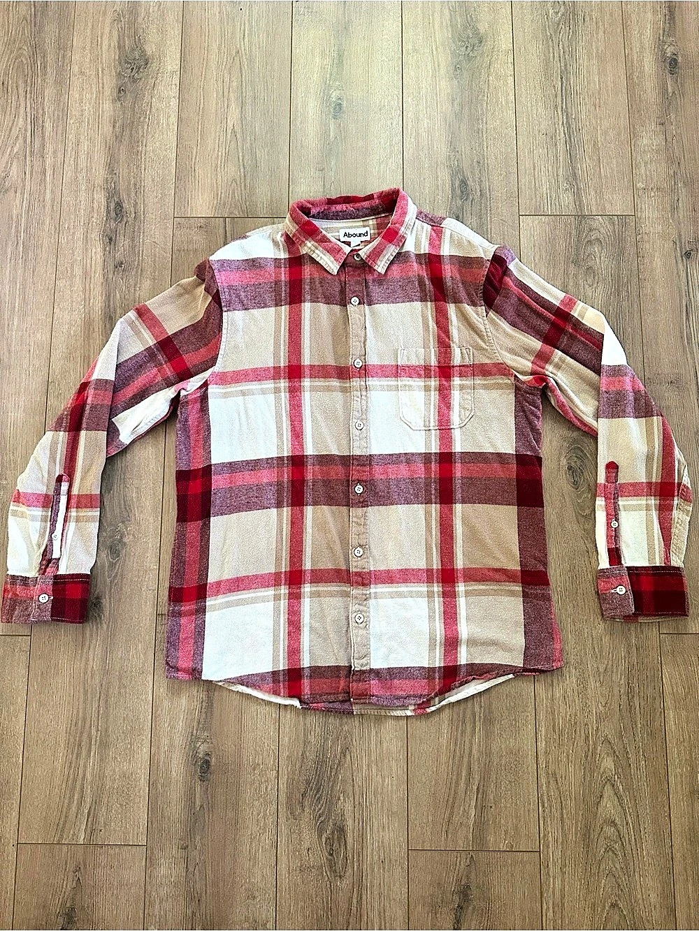 Abound Plaid Button Up Flannel Shirt in Red White & Beige Size Large